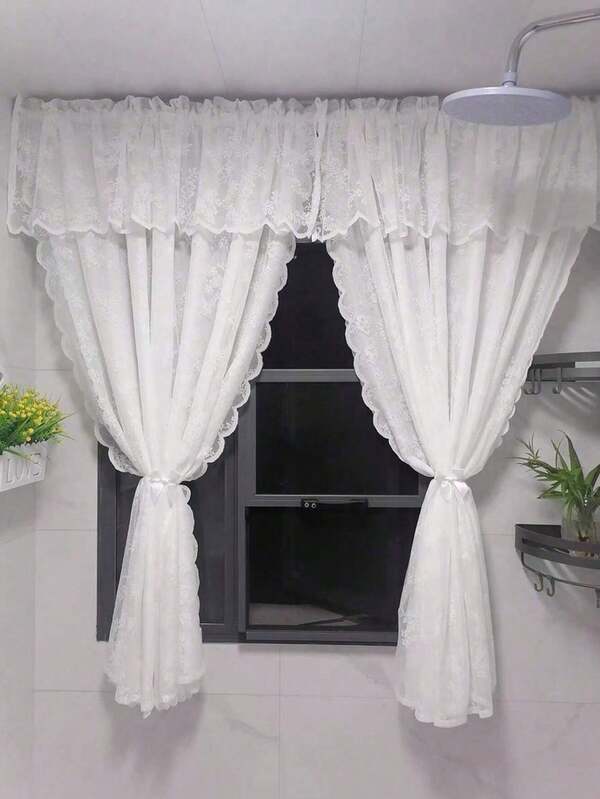 1pc White Lace Trim No-Drill Cafe Curtain, Fits Kitchen/Bedroom Window Sill/Door, Princess Style Sheer Curtain